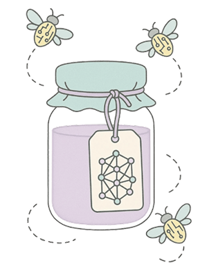 an illustrated jar of lavender nectar with a tag reading a small neural network diagram, orbited by three bees